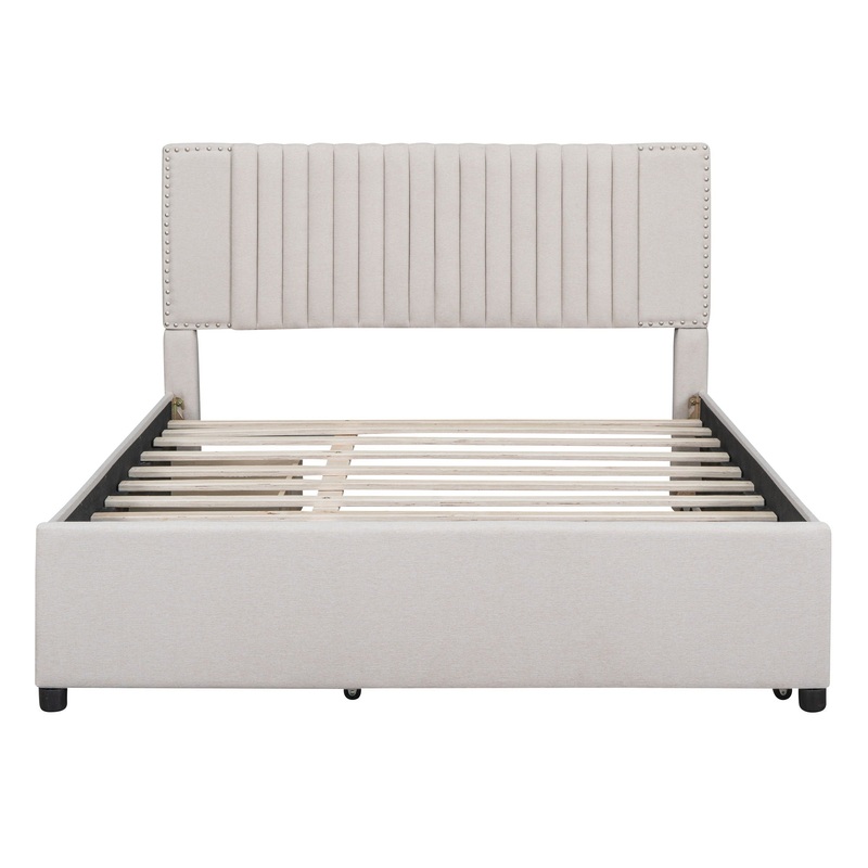 Queen Size Upholstered Platform Bed With 2 Drawers And 1 Twin Long Trundle, Classic Headboard Design – Beige