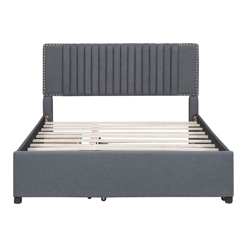 Queen Size Upholstered Platform Bed With 2 Drawers And 1 Twin Long Trundle, Classic Headboard Design – Gray