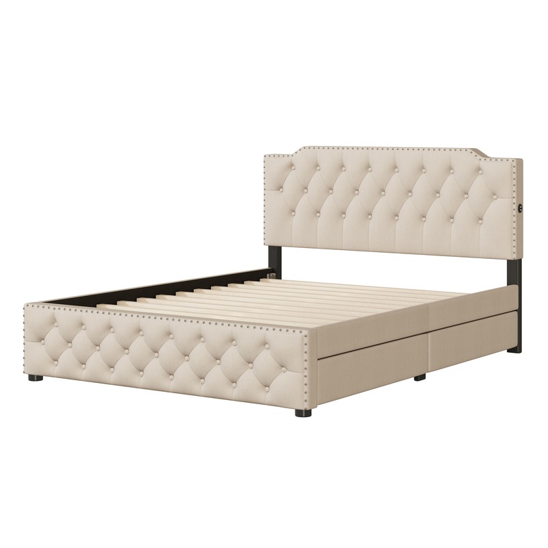 Queen Size Upholstered Platform Bed With 2 Drawers And 2 Sets Of USB Ports On Each Side – Beige