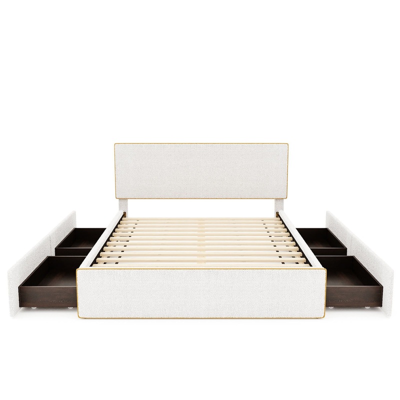 Queen Size Upholstered Platform Bed With 4 Drawers And Golden Edge On The Headboard & Footboard – White