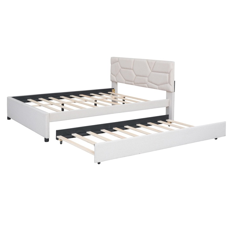 Queen Size Upholstered Platform Bed With Brick Pattern Headboard And Twin Long Size Trundle – Beige