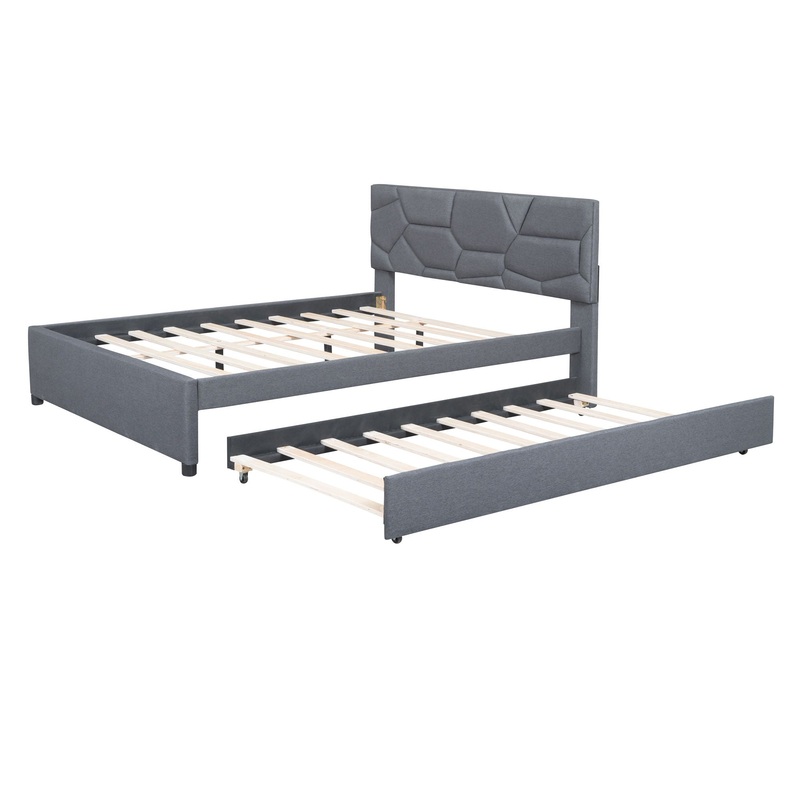Queen Size Upholstered Platform Bed With Brick Pattern Headboard And Twin Long Size Trundle – Gray