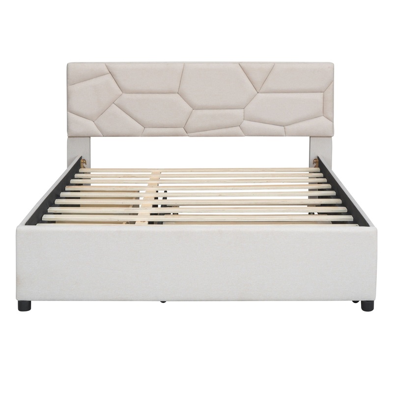 Queen Size Upholstered Platform Bed With Brick Pattern Headboard, With Twin Long Size Trundle And 2 Drawers – Beige