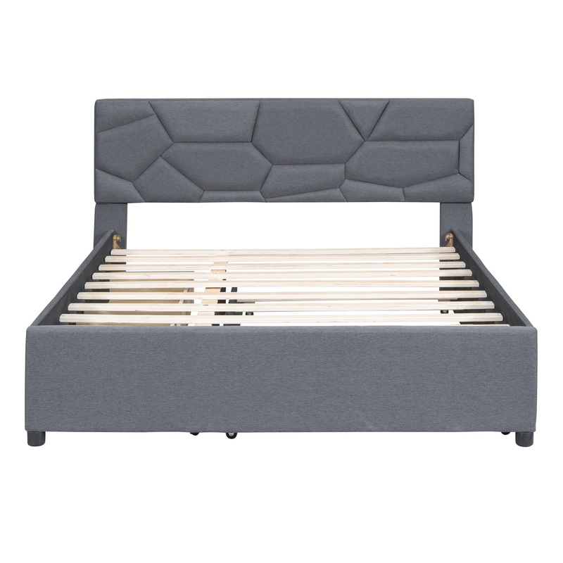 Queen Size Upholstered Platform Bed With Brick Pattern Headboard, With Twin Long Size Trundle And 2 Drawers – Gray