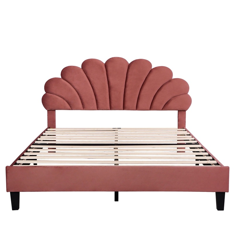 Queen Size Upholstered Platform Bed With Flower Pattern Headboard – Bean Paste Red