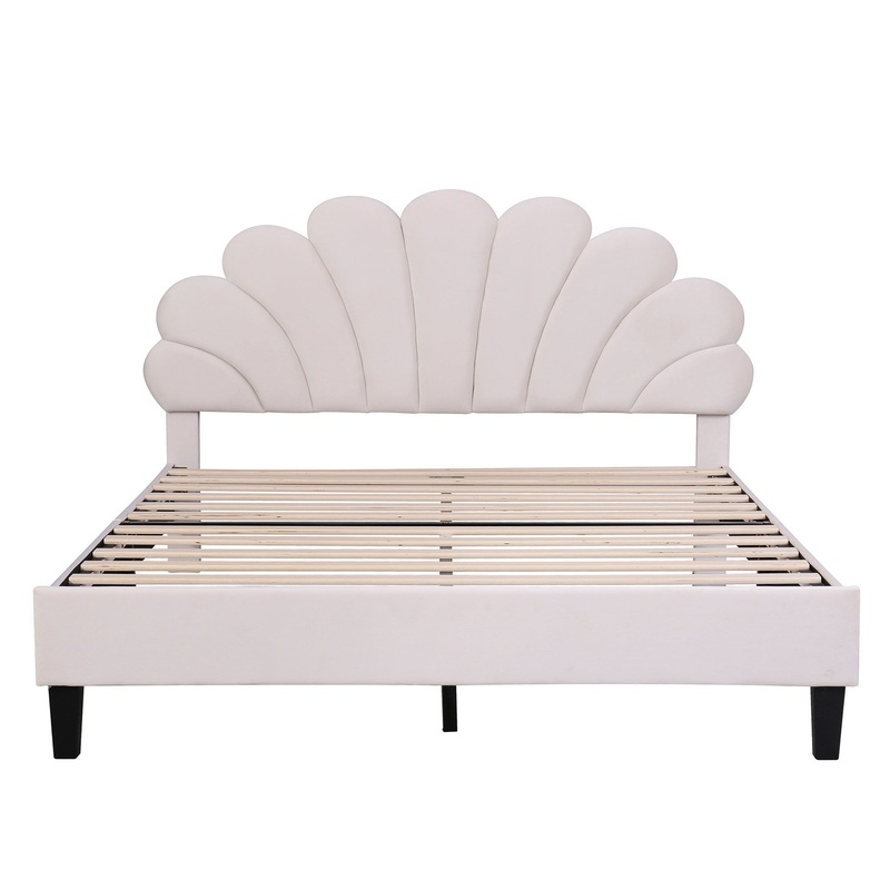 Queen Size Upholstered Platform Bed With Flower Pattern Headboard – Beige