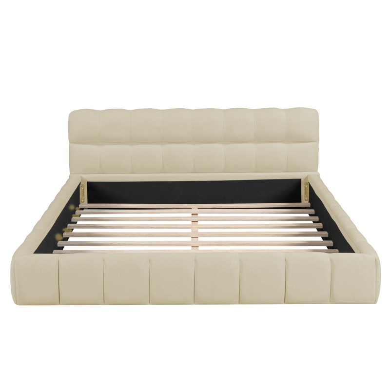 Queen Size Upholstered Platform Bed With Thick, Grounded Bed With Solid Frame – Beige