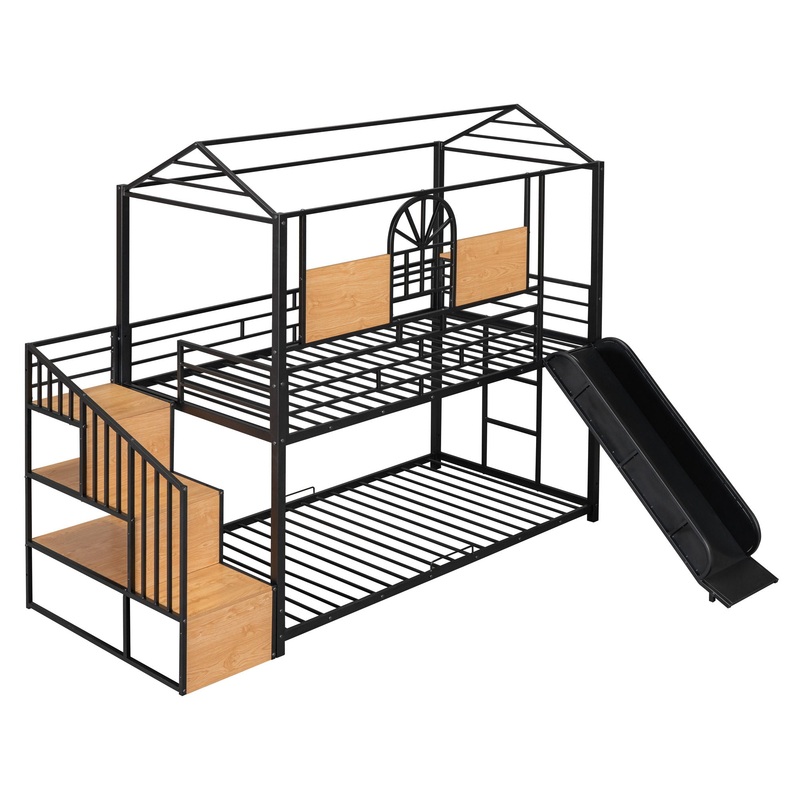 Twin Over Twin Bunk Bed, Housebed With Slide And Storage Stair – Black