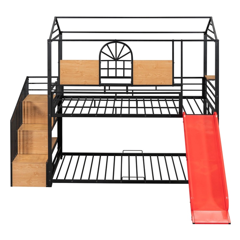 Twin Over Twin Bunk Bed, Housebed With Slide And Storage Stair – Black / Red