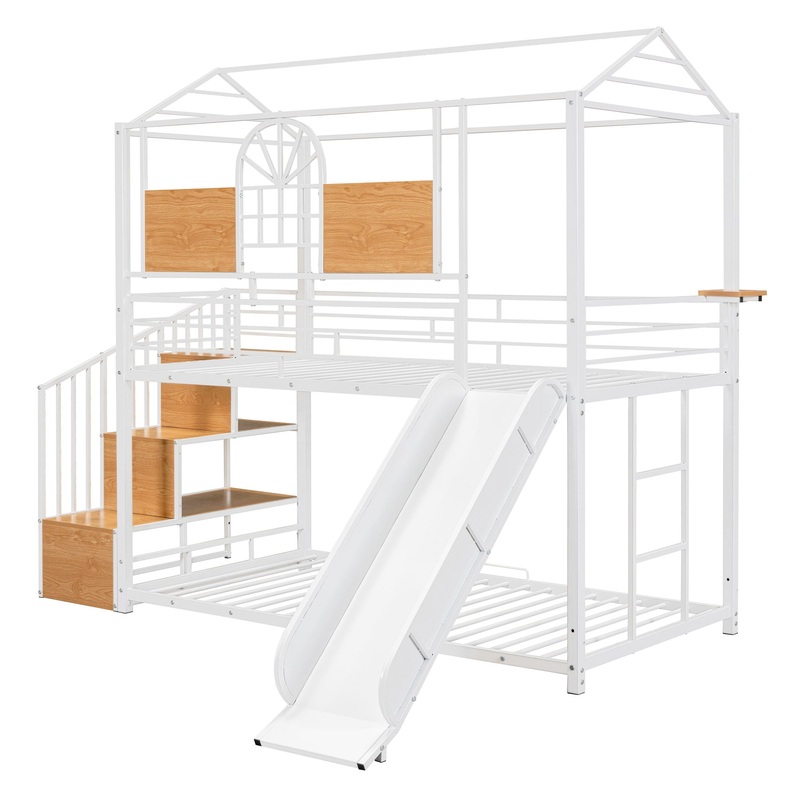 Twin Over Twin Bunk Bed, Housebed With Slide And Storage Stair – White