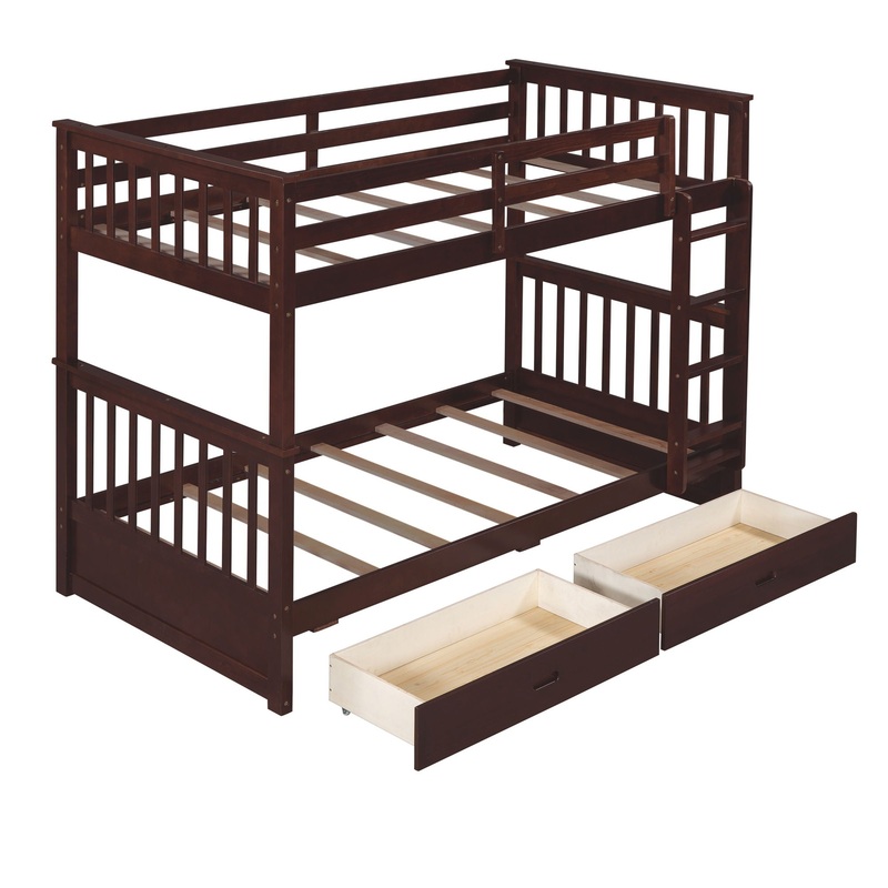 Twin Over Twin Bunk Bed With Ladders And 2 Storage Drawers – Espresso