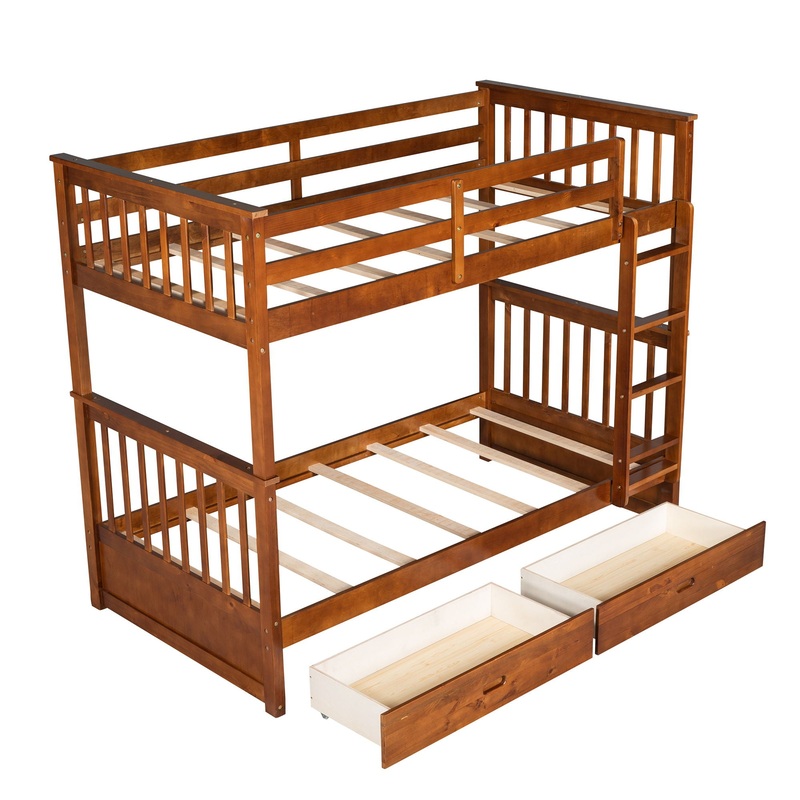 Twin Over Twin Bunk Bed With Ladders And 2 Storage Drawers – Walnut