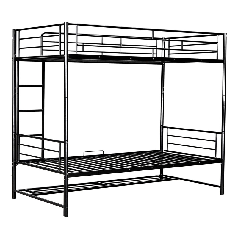 Twin Over Twin Bunk Bed With Shelf And Guardrails – Black