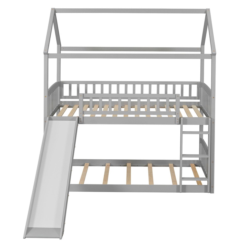 Twin Over Twin House Bunk Bed With Slide – Gray