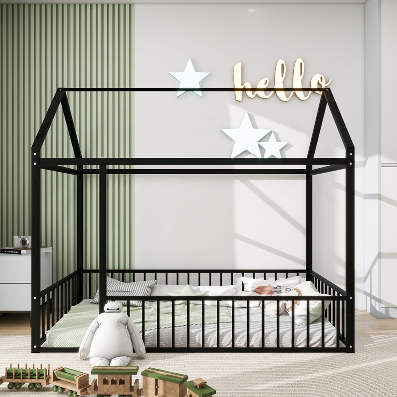 Twin Size Bed House Bed Frame With Fence – Black