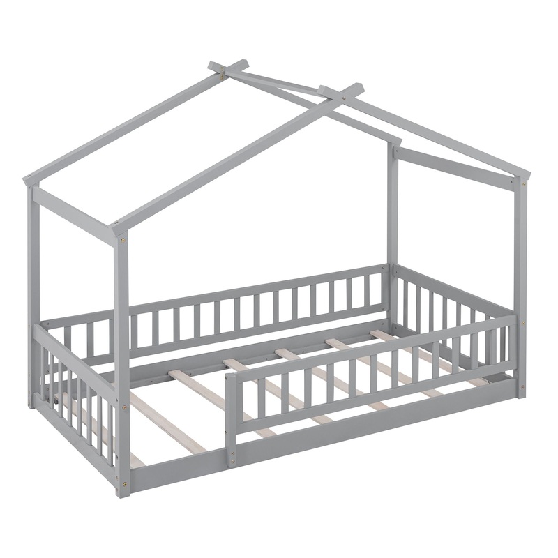 Twin Size Bed House Bed Frame With Fence – Gray