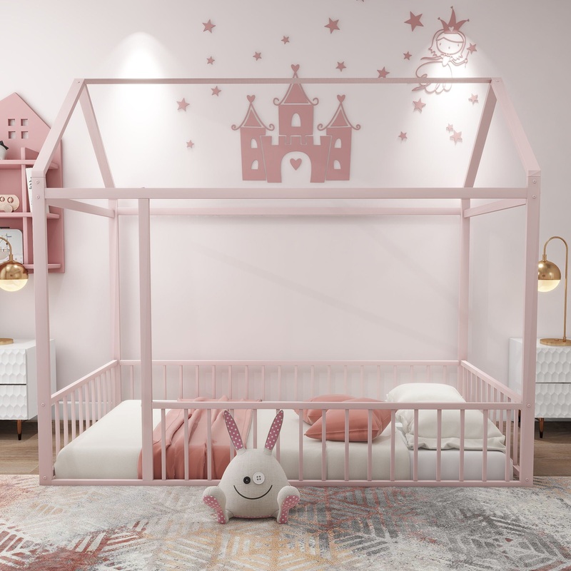 Twin Size Bed House Bed Frame With Fence – Pink