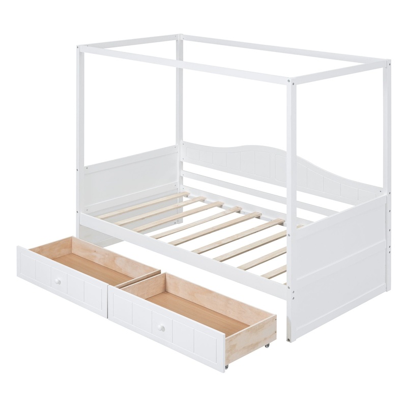 Twin Size Canopy Day Bed With 2 Drawers – White