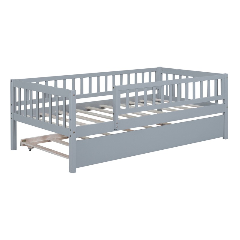 Twin Size Daybed With Trundle And Fence Guardrails – Gray