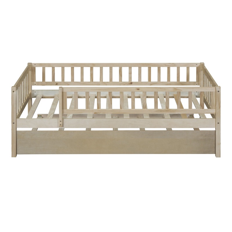 Twin Size Daybed With Trundle And Fence Guardrails – Natural