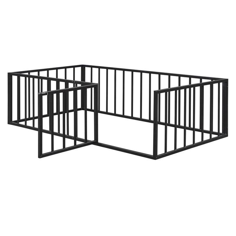 Twin Size Floor Bed Frame With Fence And Door – Black
