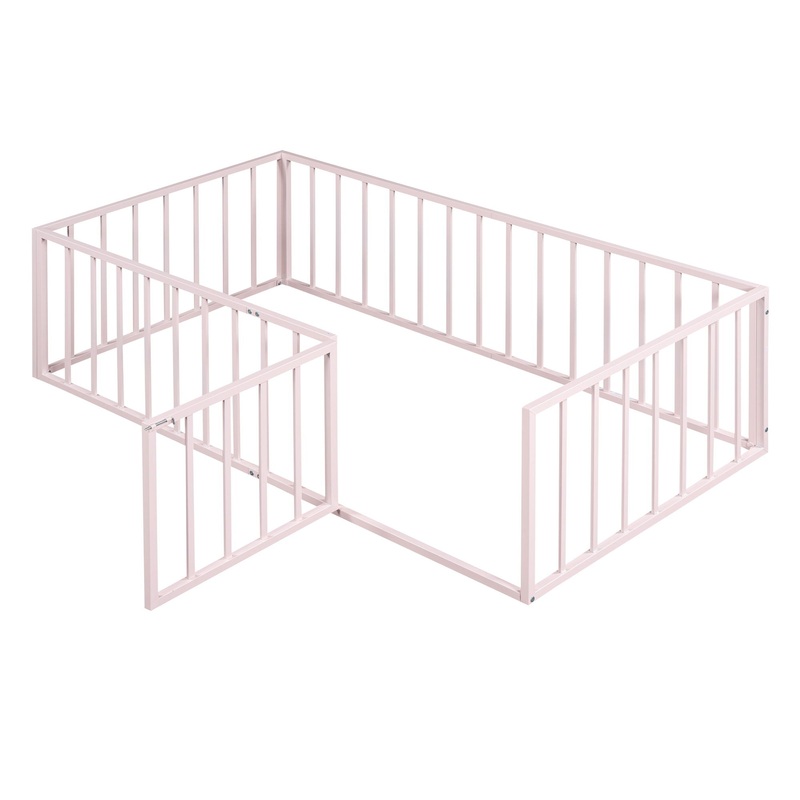 Twin Size Floor Bed Frame With Fence And Door – Pink