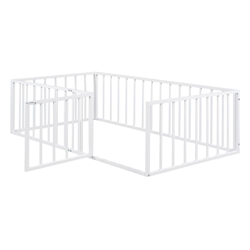 Twin Size Floor Bed Frame With Fence And Door – White