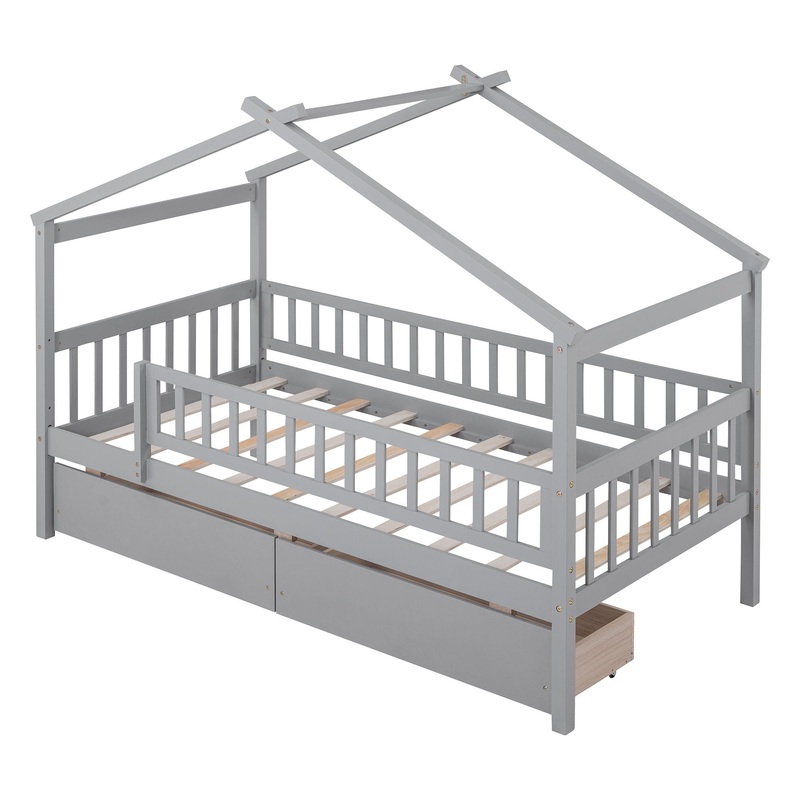 Twin Size House Bed With 2 Drawers – Gray