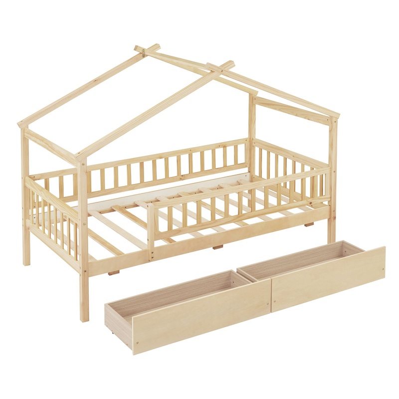 Twin Size House Bed With 2 Drawers – Natural