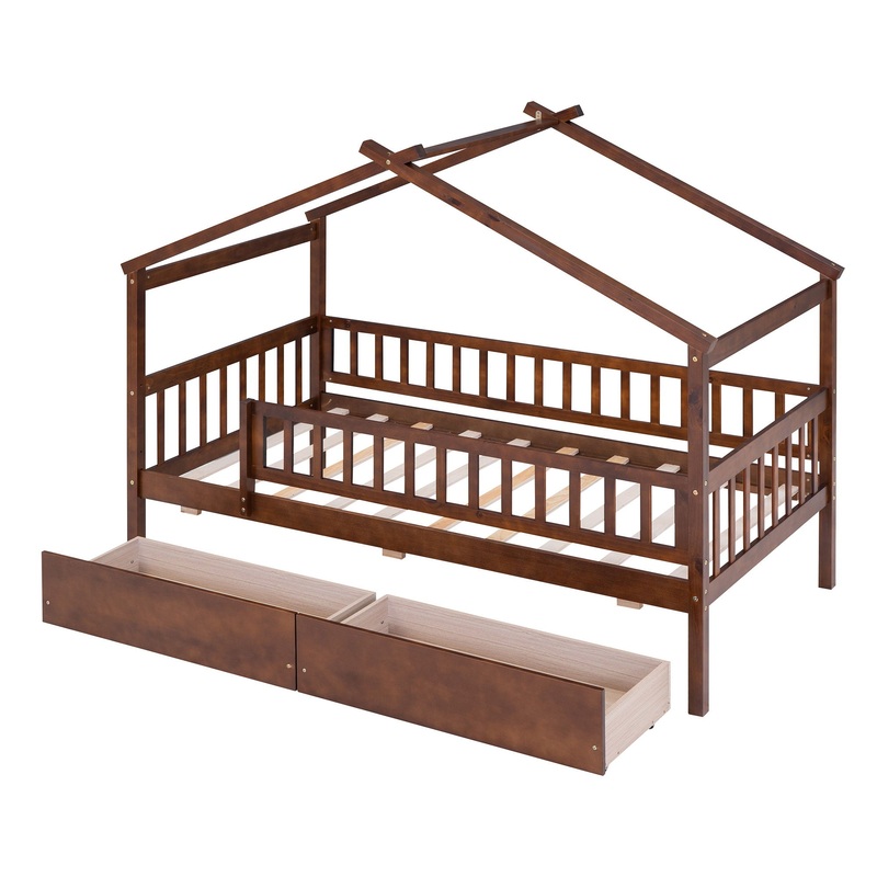 Twin Size House Bed With 2 Drawers – Walnut