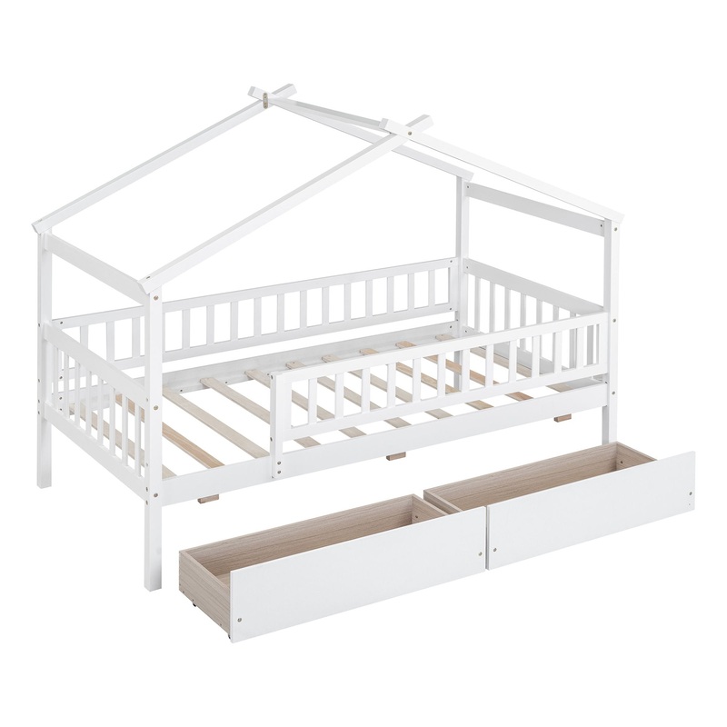 Twin Size House Bed With 2 Drawers – White