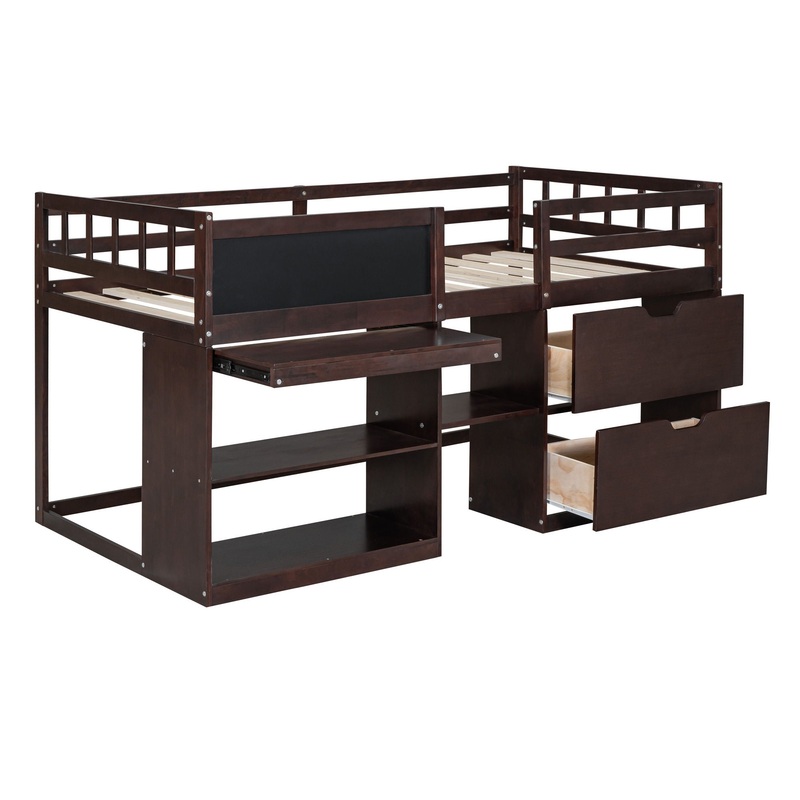 Twin Size Low Loft Bed With Rolling Desk, Shelf And Drawers – Espresso