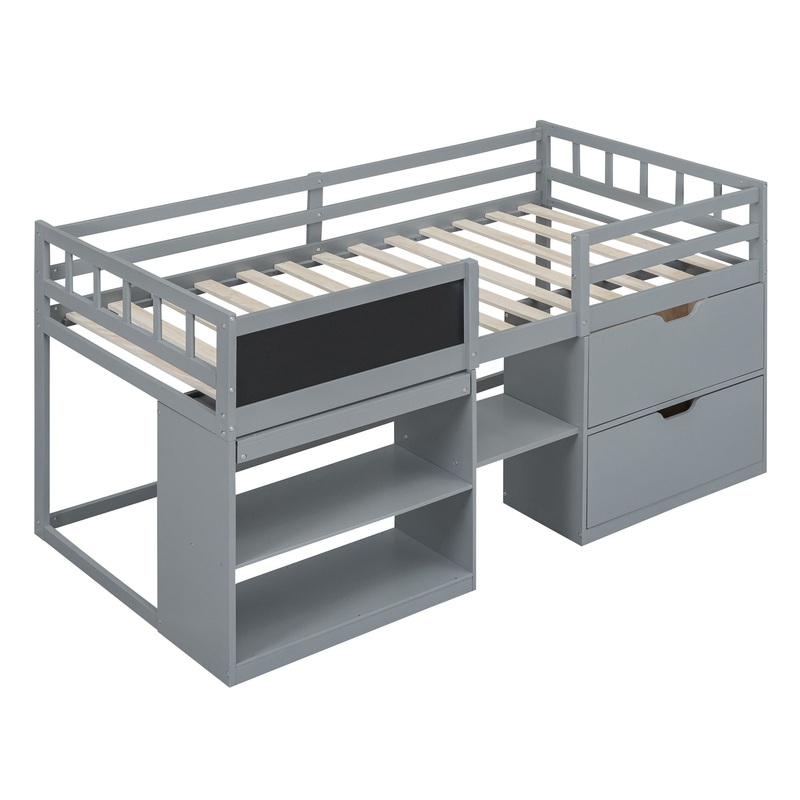 Twin Size Low Loft Bed With Rolling Desk, Shelf And Drawers – Gray