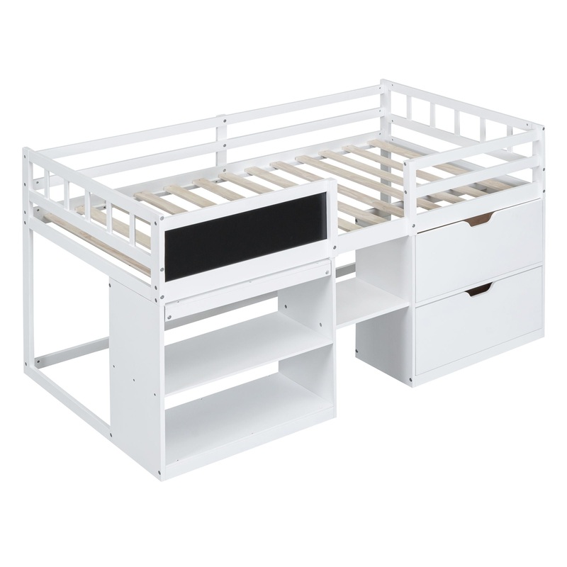 Twin Size Low Loft Bed With Rolling Desk, Shelf And Drawers – White