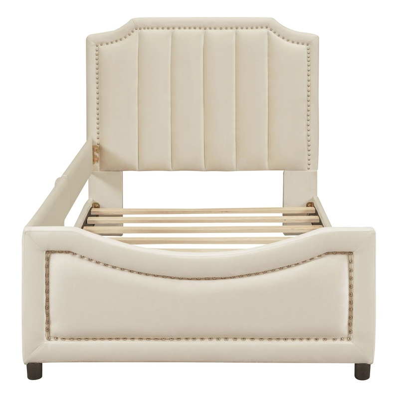 Twin Size Upholstered Daybed With Classic Stripe Shaped Headboard – Beige