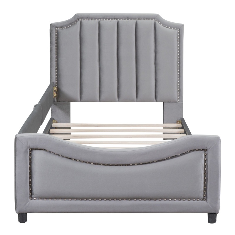 Twin Size Upholstered Daybed With Classic Stripe Shaped Headboard – Gray