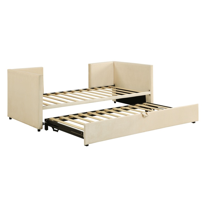 Twin Size Upholstered Daybed With Pop Up Trundle – Beige