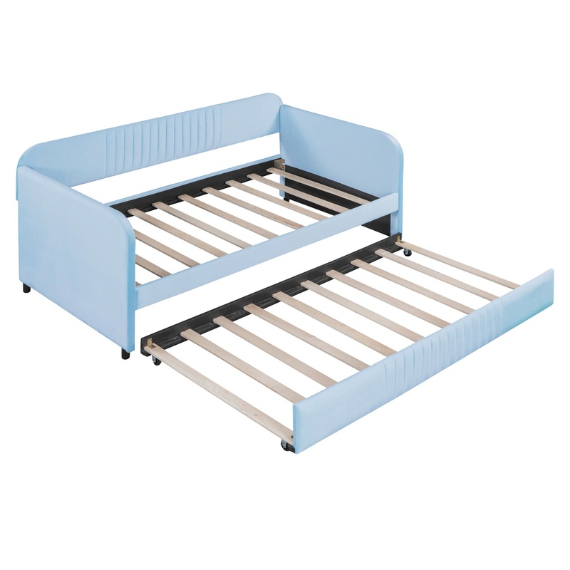 Upholstered Daybed Sofa Bed Twin Size With Trundle Bed And Slat – Light Blue