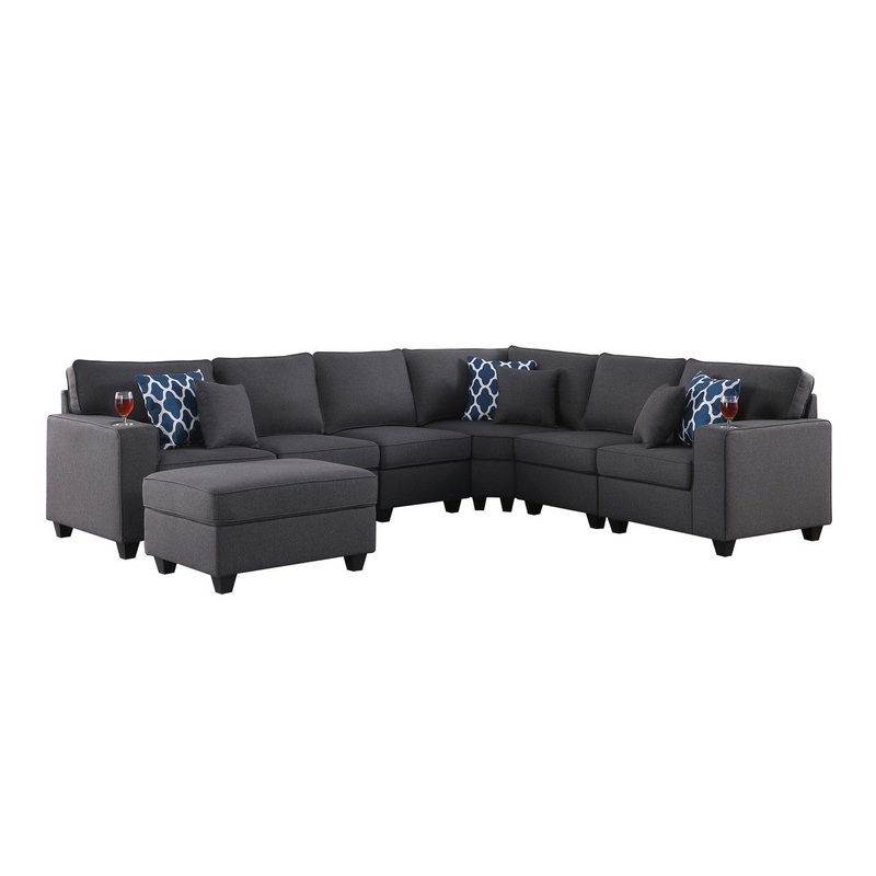 Cooper – 7 Piece Reversible L-Shape Sectional Sofa With Comfort Ottoman And Cupholder – Dark Gray