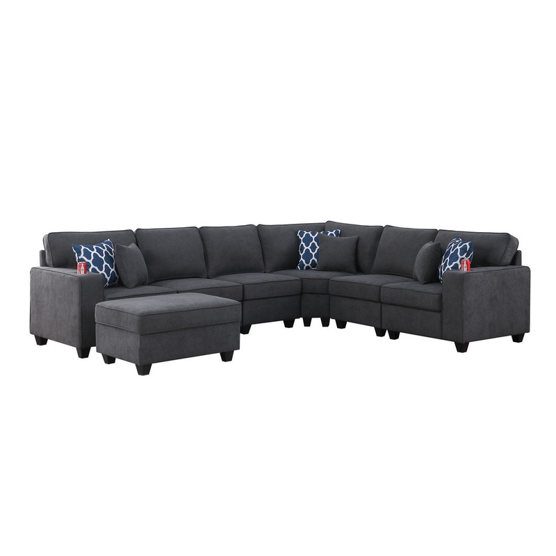 Cooper – 7 Piece Reversible L-Shape Sectional Sofa With Ottoman And Cupholder – Stone Gray