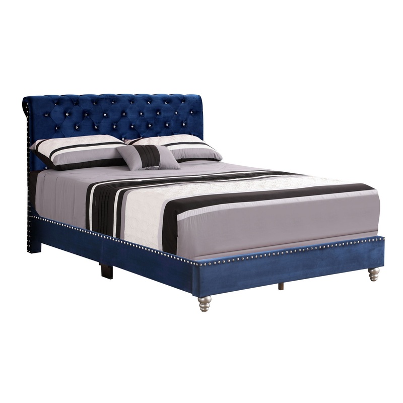 Button Tufted Upholstered Bed – Navy Blue