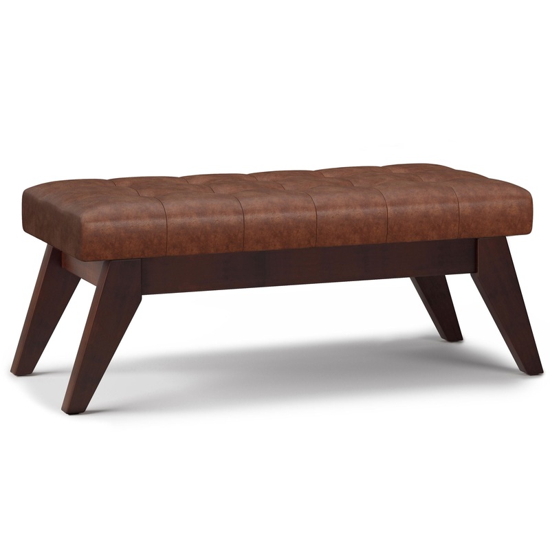 Draper – Mid Century Tufted Ottoman Bench – Distressed Saddle Brown