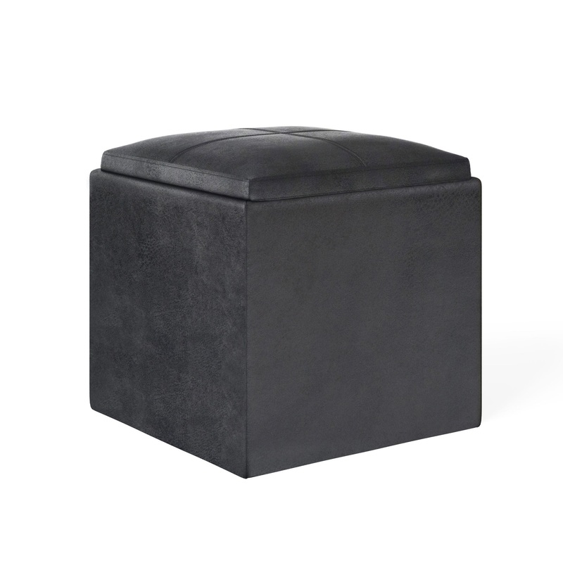 Rockwood – Cube Storage Ottoman With Tray – Distressed Black
