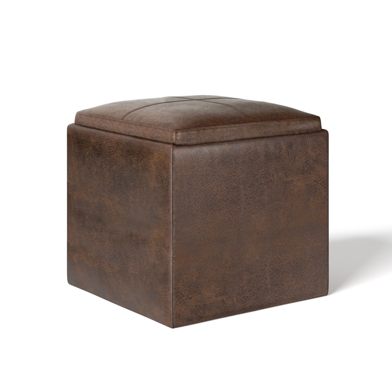 Rockwood – Cube Storage Ottoman With Tray – Distressed Brown