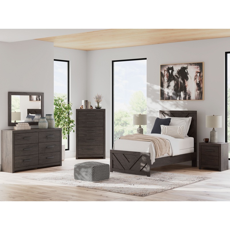 Prendonea – Panel Bedroom Set|Dark Gray|5 Pc. Bed, Dresser, Mirror, Chest|7 Pc. Bed, Dresser, Mirror, Chest, 2 Nightstands|4 Pc. Bed, Dresser, Mirror|6 Pc. Bed, Dresser, Mirror, 2 Nightstands