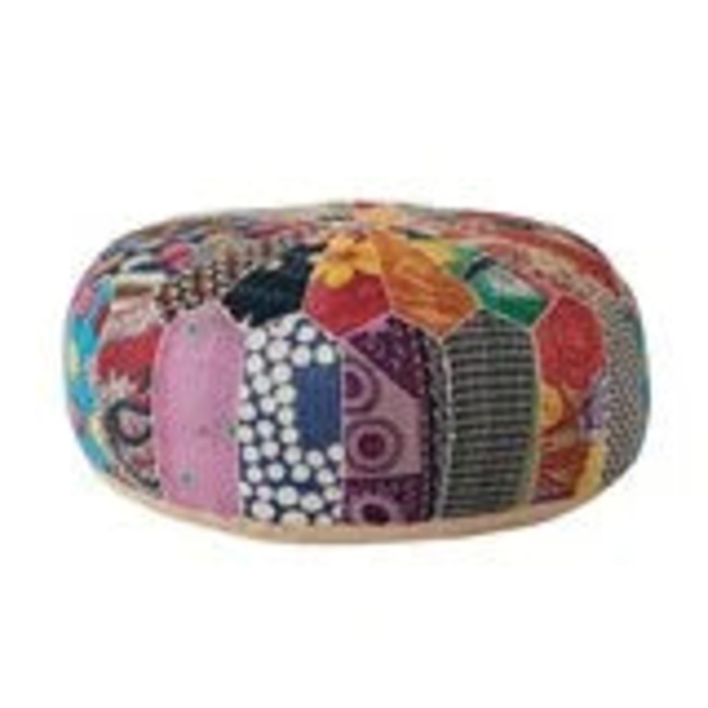 Vintage Cotton Kantha Patchwork Pouf w/ Embroidery