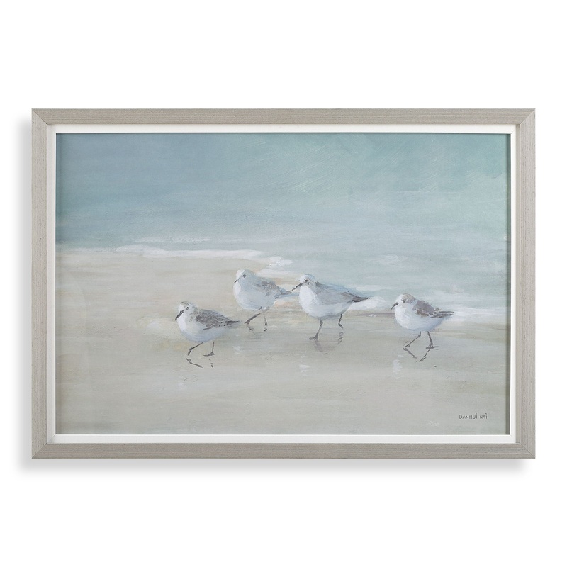 Tranquil Shorebirds On The Sand – Framed Print – Light Gray