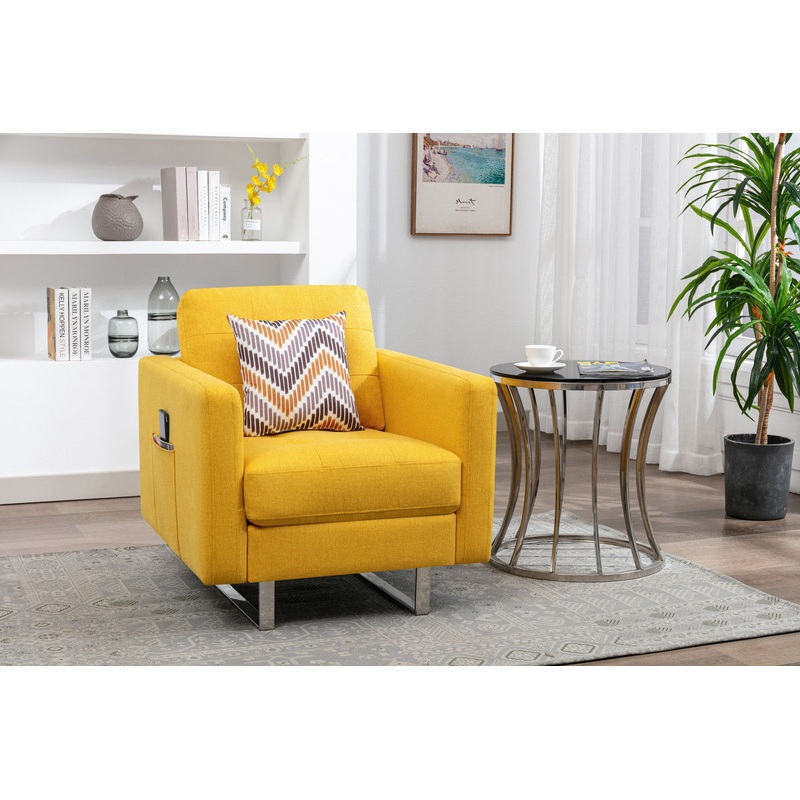 Victoria – Linen Fabric Armchair With Metal Legs, Side Pockets, And Pillow