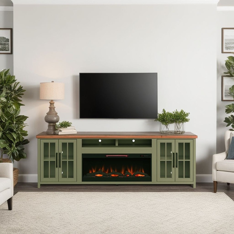 Vineyard – 97 Fireplace TV Stand Console For TVs Up To 100 – Sage Green And Fruitwood Finish