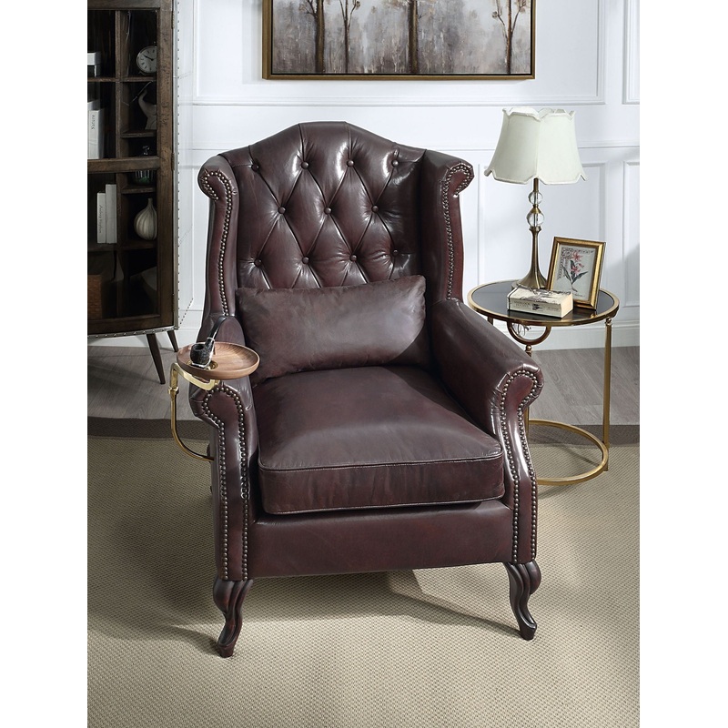 Pino – Vintage Top Grain Leather Accent Chair With 1 Toss Pillow – Brown